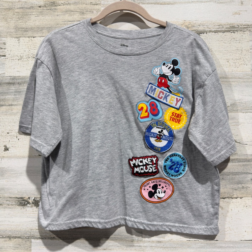 Disney Mickey Mouse T-Shirt Juniors Medium Gray Patch Graphic Disneycore EUC